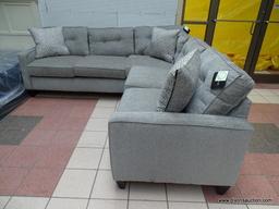 PEAK-LIVING PEWTER UPHOLSTERED 2-PIECE SECTIONAL WITH 3 DECORATIVE ACCENT PILLOWS AND BUTTON TUFTED