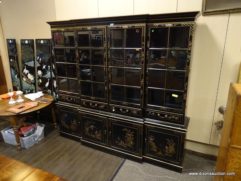 UNION NATIONAL FAR EASTERN THEMED BREAKFRONT WITH INTERIOR DESK. HAS 4 UPPER BEVELED GLASS PANELED