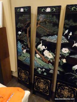 FAR EASTERN HAND PAINTED AND HAND CARVED 4 PANEL DIVIDER WITH IMAGES OF CRANES, CHERRY BLOSSOMS,
