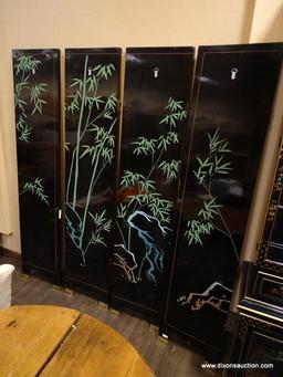 FAR EASTERN HAND PAINTED AND HAND CARVED 4 PANEL DIVIDER WITH IMAGES OF CRANES, CHERRY BLOSSOMS,