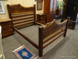 CYPRESS WOOD QUEEN SIZE BED FRAME. HEADBOARD AND FOOTBOARD ARE MADE FROM CARVED CYPRESS WITH THE BOX