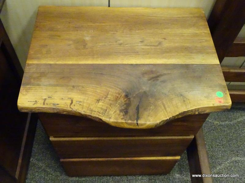CYPRESS WOOD 3 DRAWER NIGHTSTAND. MADE FROM CARVED CYPRESS BY PHOENIX HARDWOODS IN FLOYD, VA. IS 1