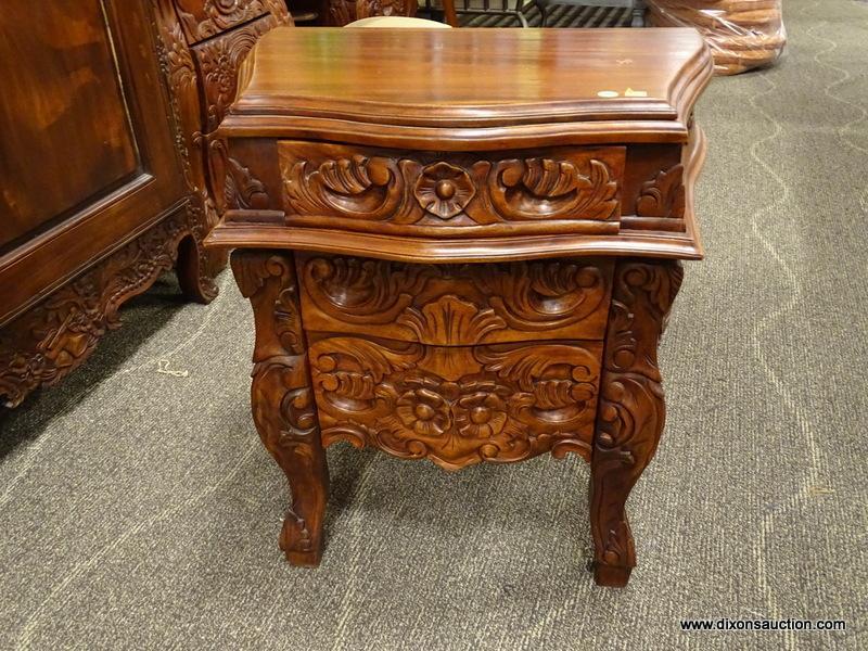 SOLID MAHOGANY HIGHLY CARVED 3 DRAWER NIGHTSTAND. IS 1 OF A PAIR. MEASURES 24 IN X 17 IN X 27 IN.