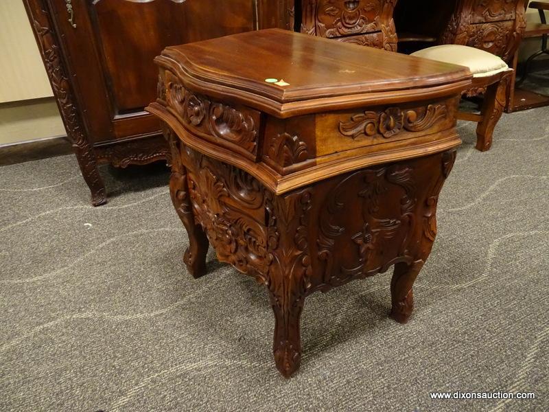 SOLID MAHOGANY HIGHLY CARVED 3 DRAWER NIGHTSTAND. IS 1 OF A PAIR. MEASURES 24 IN X 17 IN X 27 IN.