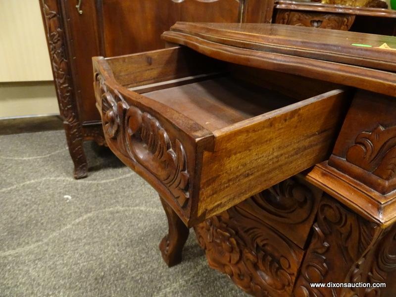 SOLID MAHOGANY HIGHLY CARVED 3 DRAWER NIGHTSTAND. IS 1 OF A PAIR. MEASURES 24 IN X 17 IN X 27 IN.