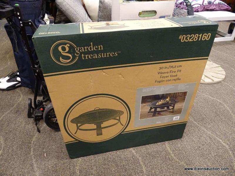 GARDEN TREASURES 30" DIA WEAVE FIRE PIT IN BOX. #0328160. ONCE ASSEMBLED MEASURES 30 IN X 17 IN.