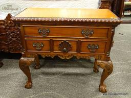 MAHOGANY NIGHTSTAND WITH ROPED EDGING, BALL & CLAW FEET, REEDED COLUMN CORNERS, AND 4 DRAWERS.