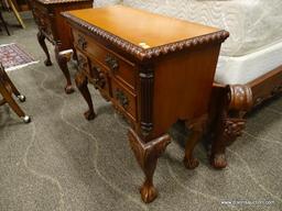 MAHOGANY NIGHTSTAND WITH ROPED EDGING, BALL & CLAW FEET, REEDED COLUMN CORNERS, AND 4 DRAWERS.
