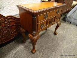 MAHOGANY NIGHTSTAND WITH ROPED EDGING, BALL & CLAW FEET, REEDED COLUMN CORNERS, AND 4 DRAWERS.