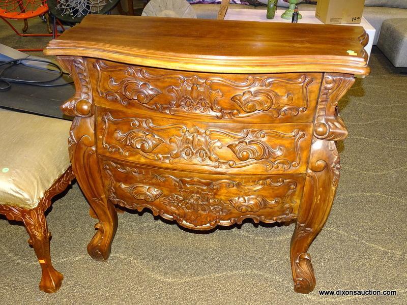 SOLID MAHOGANY HIGHLY CARVED 3 DRAWER CHEST. MEASURES 39.5 IN X 17.5 IN X 37 IN. ITEM IS SOLD AS IS