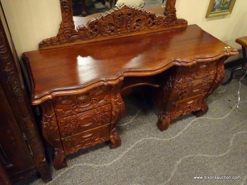 SOLID MAHOGANY HIGHLY CARVED 6 DRAWER VANITY WITH MIRROR. MEASURES 58 IN X 19 IN X 77.5 IN. ITEM IS