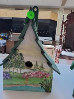 HAND PAINTED WOODEN BIRD HOUSES - SET OF TWO, ONE HAS A CRACK ON THE TOP, SEE PHOTOS OR PREVIEW FOR