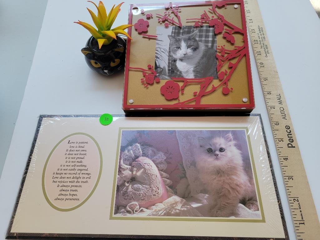 CAT LOVERS LOT TO INCLUDE PCTURE FRAME, FAUX SUCCULENT AND PRINT WITH VERSE