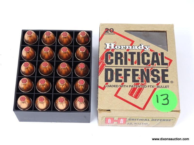 BOX OF 20 HORNADY CRITICAL DEFENSE .45 AUTO 165GR FTX. MODEL #90900.