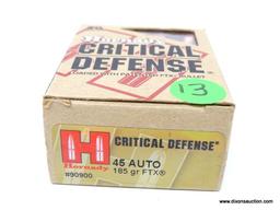 BOX OF 20 HORNADY CRITICAL DEFENSE .45 AUTO 165GR FTX. MODEL #90900.