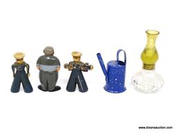 MINIATURE LOT TO INCLUDE 2 WOODEN SAILORS, AN OIL LAMP, A WATERING CAN, AND A MAN WITH SUNGLASSES IN
