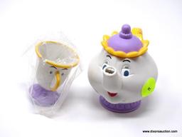 SET OF BEAUTY AND THE BEAST'S MRS. POTT AND CHIP TOY TEA KETTLE AND TEA CUP. ITEM IS SOLD AS IS