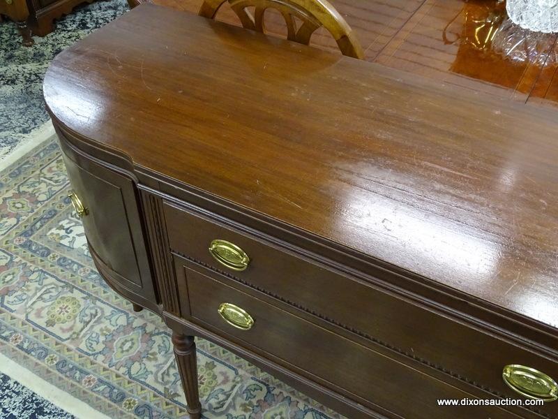 MAHOGANY SIDEBOARD WITH 2 DOORS (1 ON EITHER SIDE) AND 2 CENTER DRAWERS WITH BRASS PULLS AS WELL AS