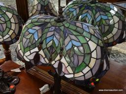 PAIR OF TIFFANY STYLE SLAGGED GLASS LAMPS WITH BRONZE TONED BASES. EACH MEASURES 14 IN X 23 IN. ITEM