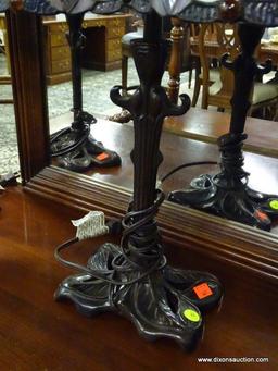 PAIR OF TIFFANY STYLE SLAGGED GLASS LAMPS WITH BRONZE TONED BASES. EACH MEASURES 14 IN X 23 IN. ITEM