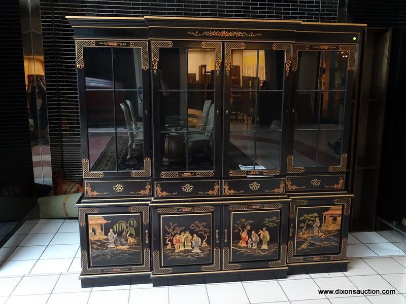 CHINOISERIE JAPAN BLACK LACQUER LIGHTED CHINA CABINET BREAKFRONT WITH 4 UPPER DOORS THAT OPEN TO