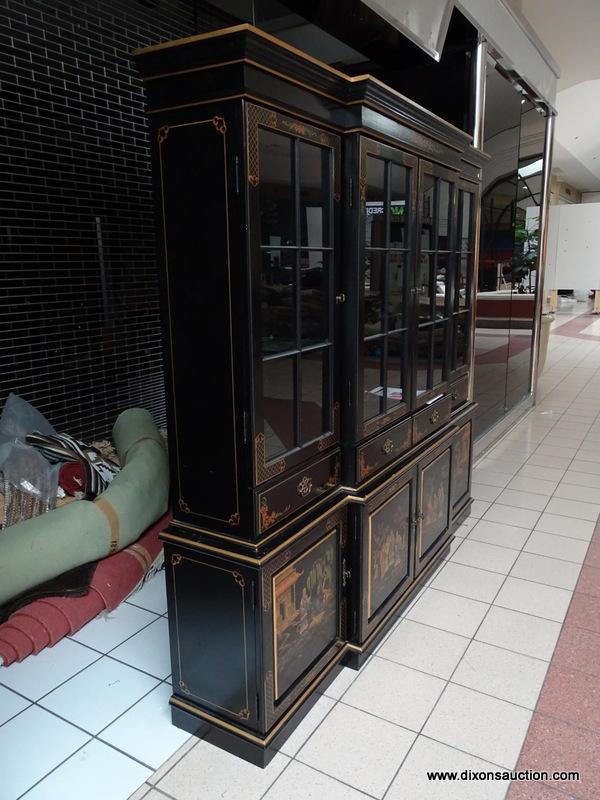 CHINOISERIE JAPAN BLACK LACQUER LIGHTED CHINA CABINET BREAKFRONT WITH 4 UPPER DOORS THAT OPEN TO