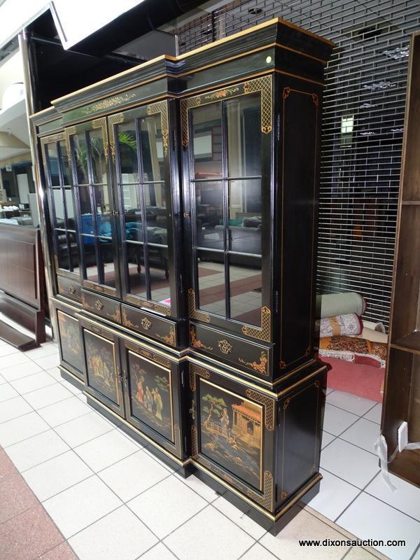 CHINOISERIE JAPAN BLACK LACQUER LIGHTED CHINA CABINET BREAKFRONT WITH 4 UPPER DOORS THAT OPEN TO