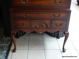 CHERRY QUEEN ANNE HIGHBOY WITH 11 DRAWERS WITH BRASS PULLS, BROKEN ARCH PEDIMENT TOP, AND 3 UPPER