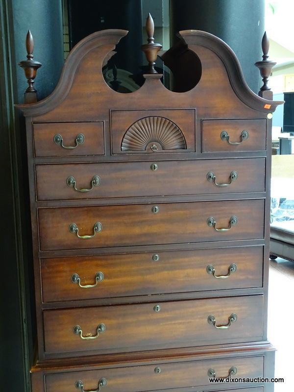 CHERRY QUEEN ANNE HIGHBOY WITH 11 DRAWERS WITH BRASS PULLS, BROKEN ARCH PEDIMENT TOP, AND 3 UPPER