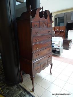 CHERRY QUEEN ANNE HIGHBOY WITH 11 DRAWERS WITH BRASS PULLS, BROKEN ARCH PEDIMENT TOP, AND 3 UPPER