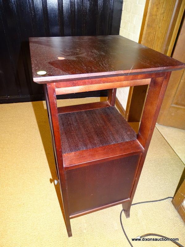 (DWN LR) MAHOGANY END TABLE WITH CENTER SHELF AND 1 LOWER DOOR. IS 1 OF A PAIR. MEASURES 17 IN X 16