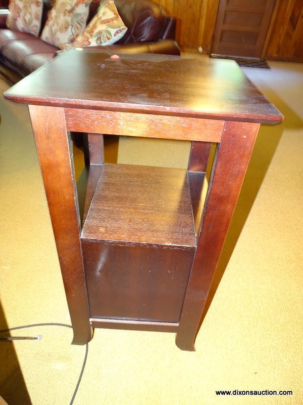 (DWN LR) MAHOGANY END TABLE WITH CENTER SHELF AND 1 LOWER DOOR. IS 1 OF A PAIR. MEASURES 17 IN X 16