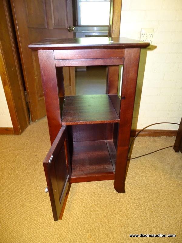 (DWN LR) MAHOGANY END TABLE WITH CENTER SHELF AND 1 LOWER DOOR. IS 1 OF A PAIR. MEASURES 17 IN X 16