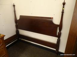 (R1) MAHOGANY TWIN SIZE BED WITH WOODEN RAILS. MEASURES APPROXIMATELY 56 IN X 80 X 55 IN. HAS DAMAGE