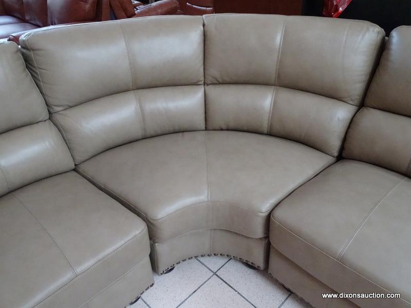 BRAND NEW TOP GRAIN LEATHER TAUPE 3 PIECE SECTIONAL BY ABBYSON. HAS BRASS STUDDED ACCENTS ALONG THE