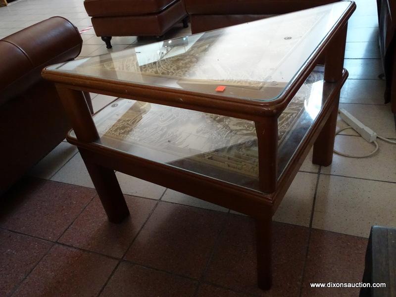 2 TIER CARVED ORIENTAL STYLE END TABLE/SIDE TABLE WITH UPPER TRIANGULAR SHAPED SHELF. BOTH SECTIONS