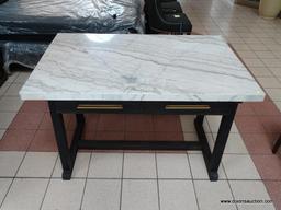 BRAND NEW WHITE MARBLE TOP ISLAND WITH BLACK PAINTED BASE AND 2 DRAWERS ON EITHER SIDE. SIMILAR
