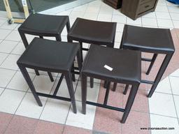 SET OF 5 LEATHER UPHOLSTERED BAR STOOLS WITH LOWER FEET RESTS. EACH MEASURES 18 IN X 14 IN X 29.5