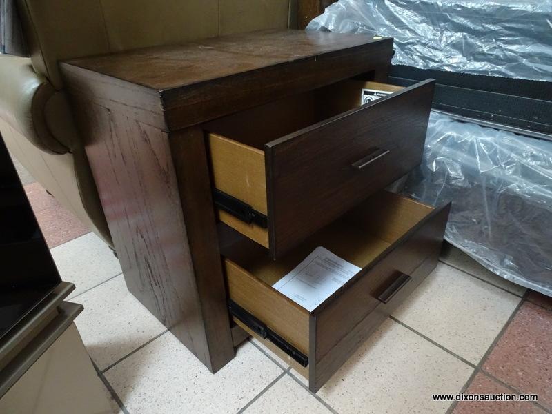 BRAND NEW ASPENHOME MODERN LOFT 2 DRAWER NIGHTSTAND IN BROWN WITH DUAL PLUG IN RECEPTACLES. RETAILS