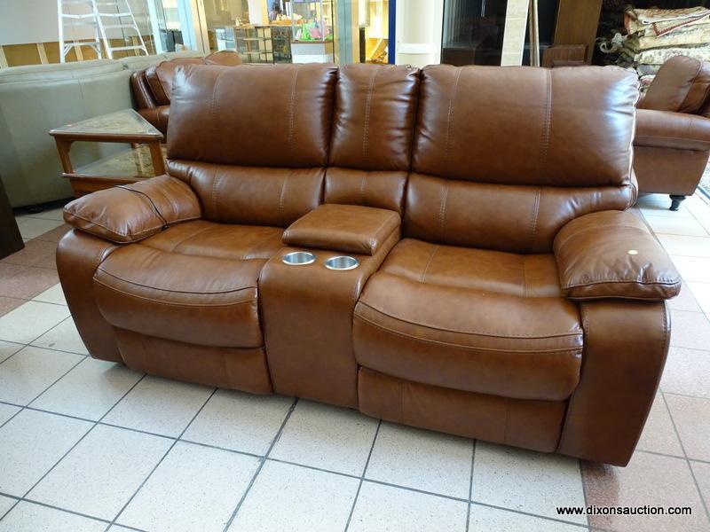 BRAND NEW TOP GRAIN LEATHER POWER RECLINING LOVESEAT WITH CENTER STORAGE CONSOLE AND DUAL CUP