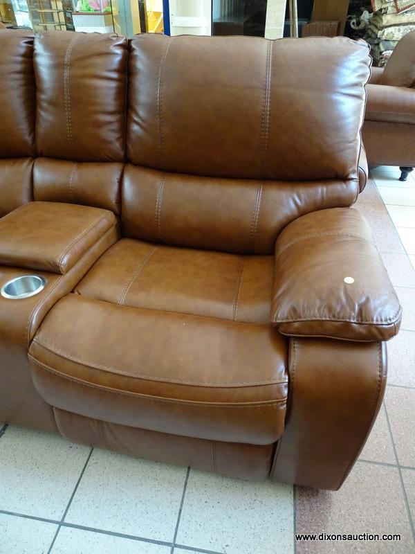 BRAND NEW TOP GRAIN LEATHER POWER RECLINING LOVESEAT WITH CENTER STORAGE CONSOLE AND DUAL CUP