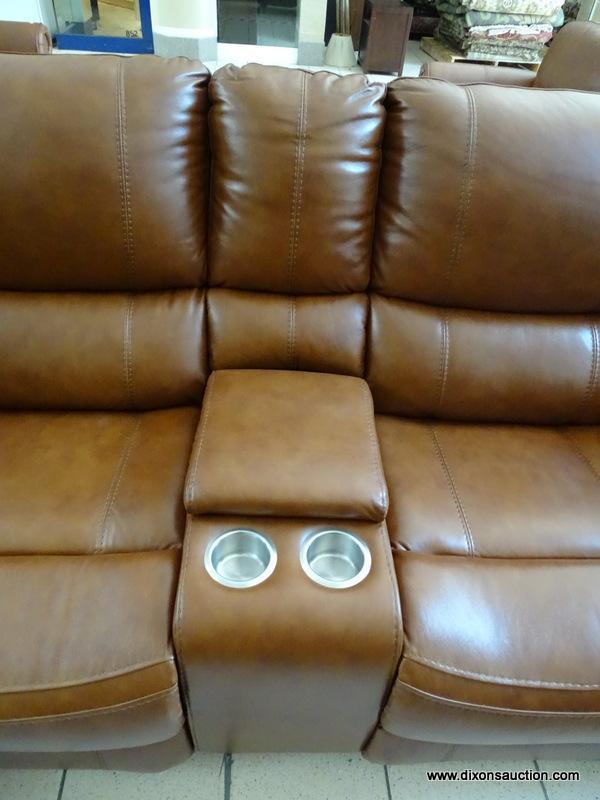 BRAND NEW TOP GRAIN LEATHER POWER RECLINING LOVESEAT WITH CENTER STORAGE CONSOLE AND DUAL CUP