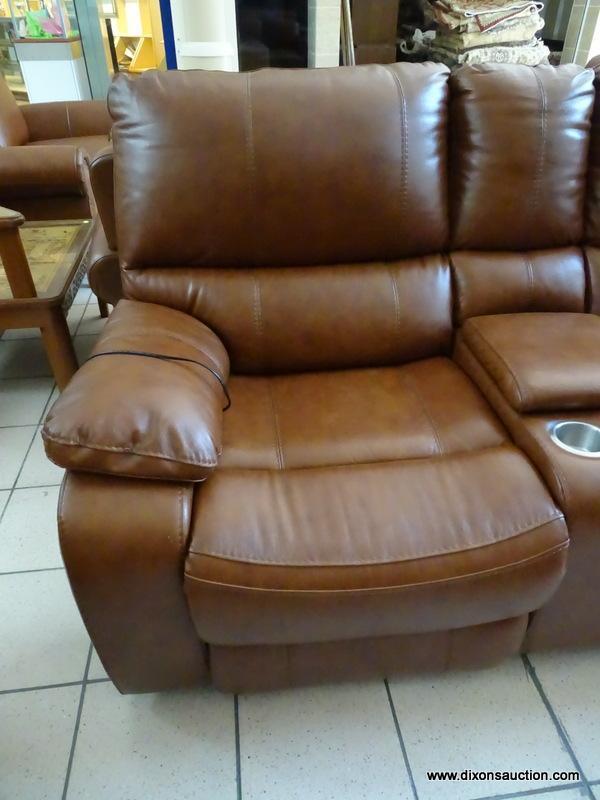 BRAND NEW TOP GRAIN LEATHER POWER RECLINING LOVESEAT WITH CENTER STORAGE CONSOLE AND DUAL CUP