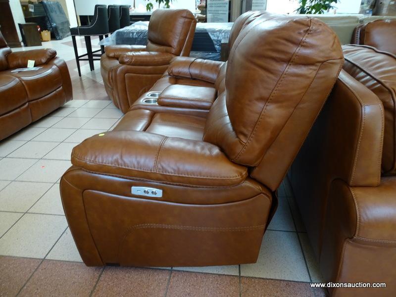 BRAND NEW TOP GRAIN LEATHER POWER RECLINING LOVESEAT WITH CENTER STORAGE CONSOLE AND DUAL CUP