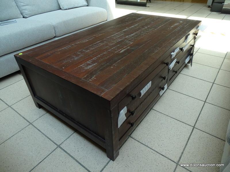 BRAND NEW TOWNSEND 55 IN. JAVA LARGE RECTANGLE WOOD COFFEE TABLE WITH 8-DRAWERS. THE ROUGH AND