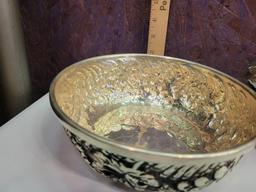 ONE SILVER BOWL WITH EMBOSSED DESIGN MADE IN INDIA AND ONE SILVER AND WOOD BOX WITH LID (ORIGIN