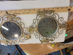 SET OF THREE GOLD TONED METAL WALL MIRRORS - LARGEST BEING 15 INCHES IN LENGTH