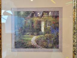 PRINT OF FLORAL GARDEN SCENE MATTED IN A GOLD WOOD FRAME - APPROX 22 X 24