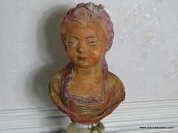 (FOYER) FIGURAL BUST ON STAND; VINTAGE PLASTER BUST ON MARBLE STAND- 16 IN H, ITEM IS SOLD AS IS