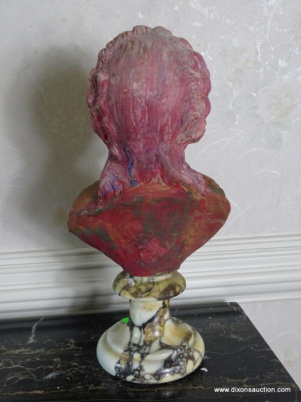 (FOYER) FIGURAL BUST ON STAND; VINTAGE PLASTER BUST ON MARBLE STAND- 16 IN H, ITEM IS SOLD AS IS